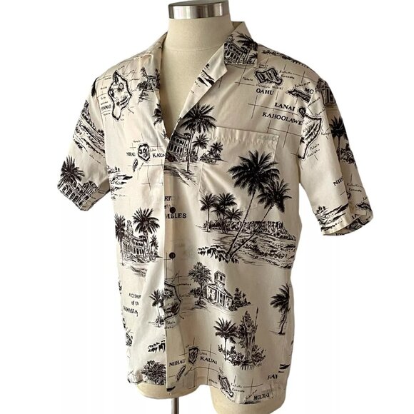 Vintage Hawaiian Shirt / Aloha Shirt ~ Illustrated Map of Hawaiian Islands LARGE - Picture 4 of 6